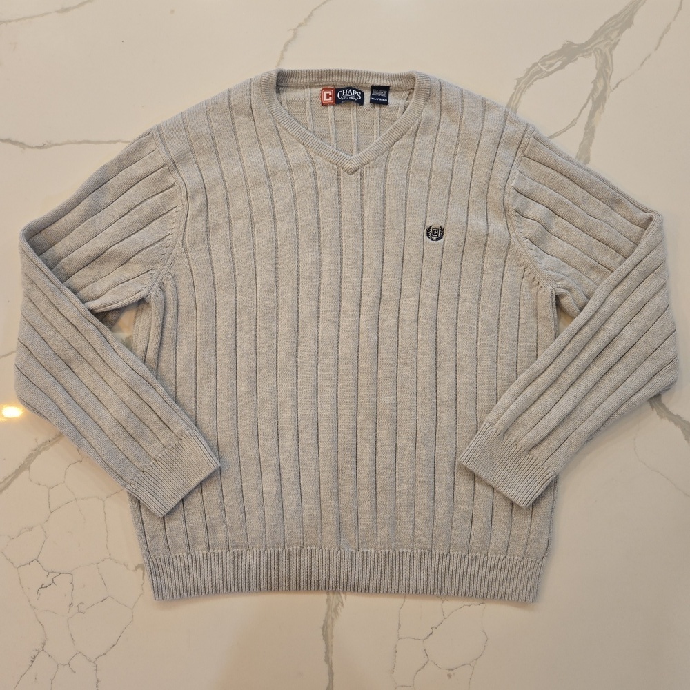 Chaps Mens V-Neck Cotton Knit Sweater Gray Size XL